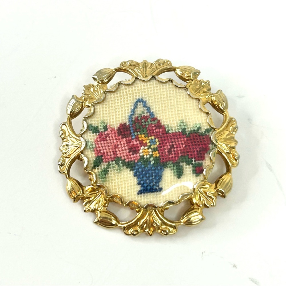 Vintage Petit Point Rose Basket Gold Tone Round Brooch